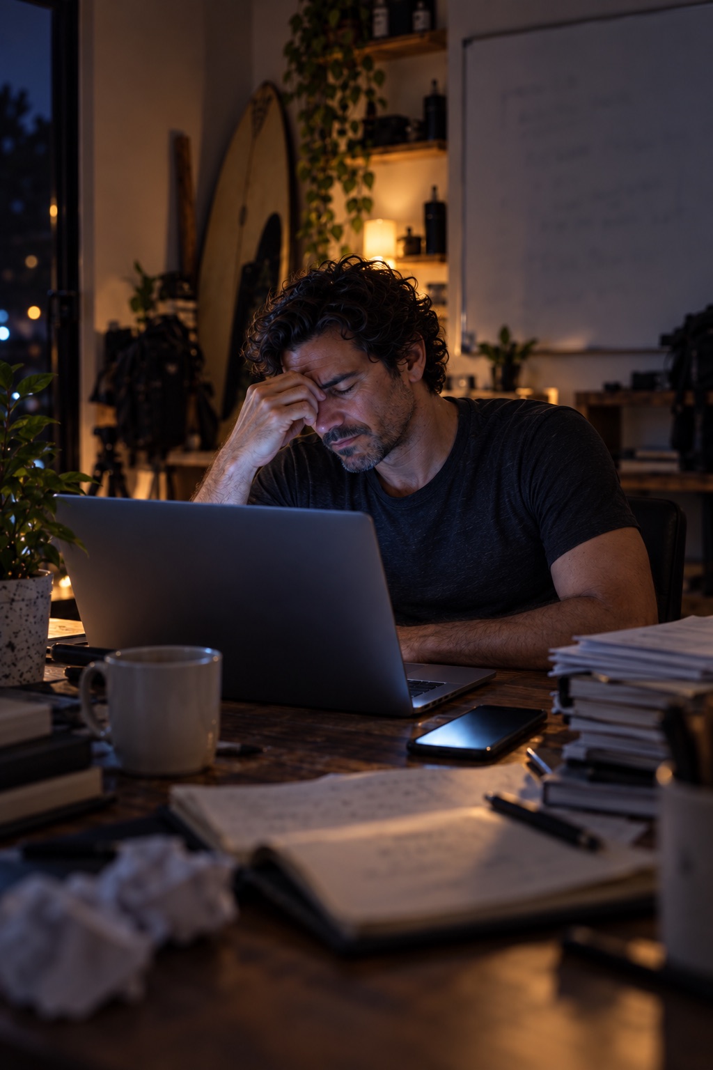Rico alone at night, lit only by the laptop