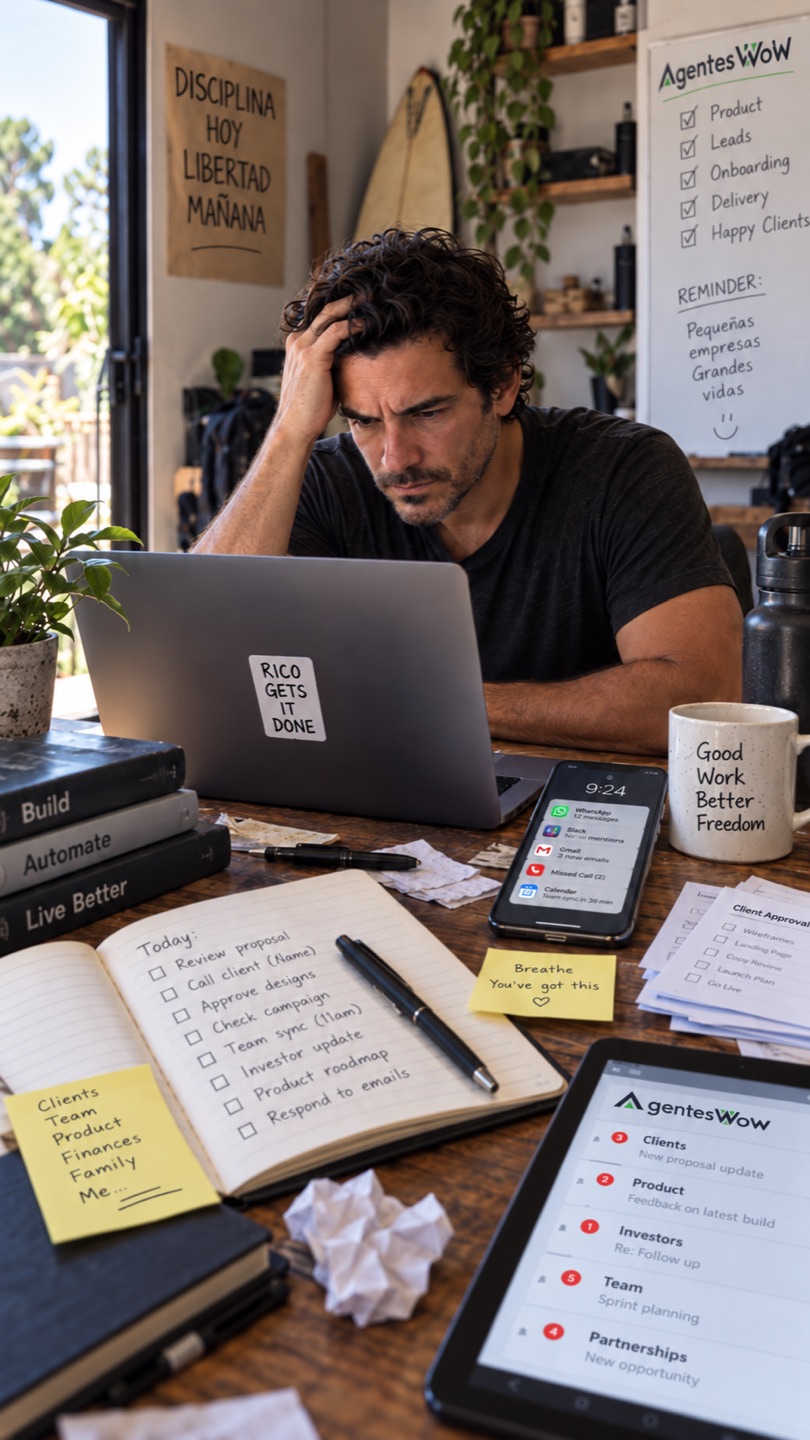 Rico at his desk, buried in messages, calls and approvals